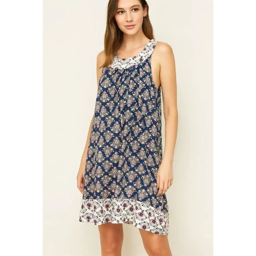 Boden Printed Sleeveless Swing Dress 8 Retro Mod Cottage Whimsical Coastal Artsy